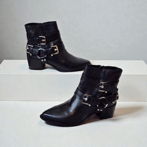 Aldo Black Leather Ankle Boots with Buckle Detail Moto Military Harness Boots - Picture 13 of 14